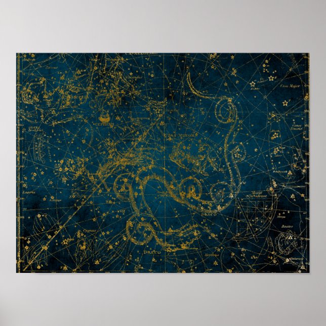 Poster Mapa Estelar Vintage Ilustrado Azul Escuro e Doura (Frente)