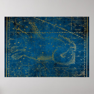 Poster Mapa Estelar Vintage Ilustrado Azul Médio e Dourad