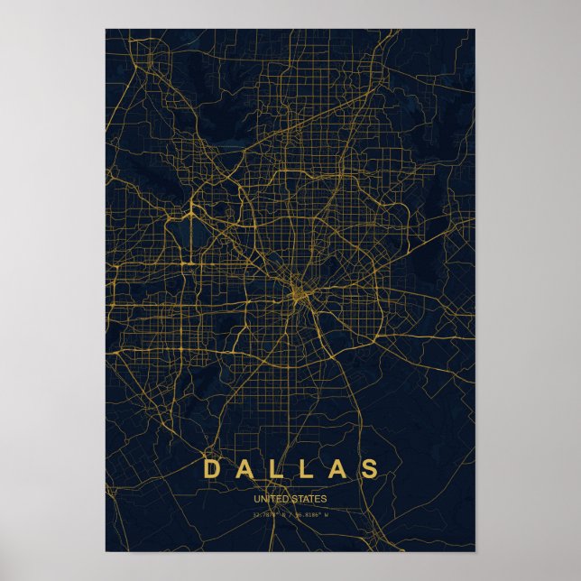 Poster Mapa Estilizado de Dallas Texas | Destaque Moderno (Frente)