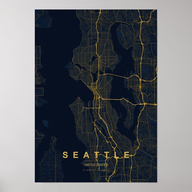 Poster Mapa Estilizado de Seattle Washington Impresso (Frente)