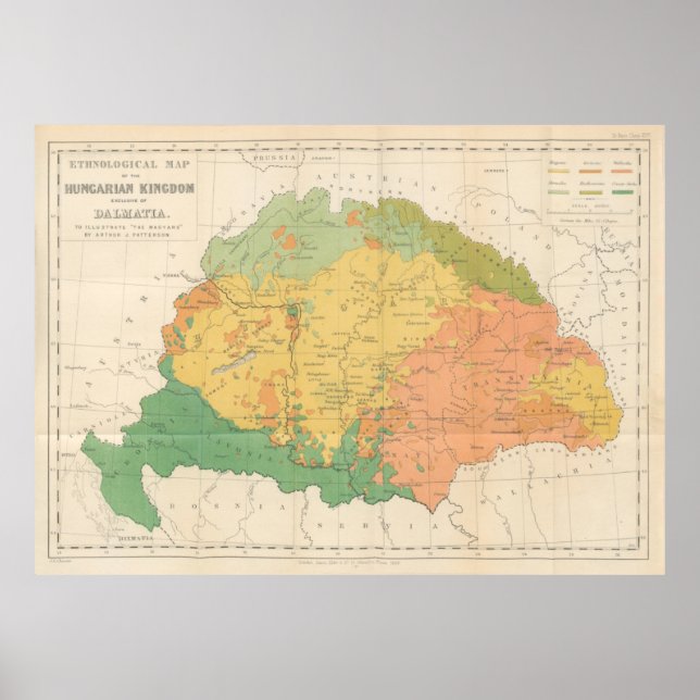 Poster Mapa etnológico da Vintage Hungria (1869) (Frente)