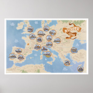 Poster Mapa europeu com cidades-vintage - papel-Poster