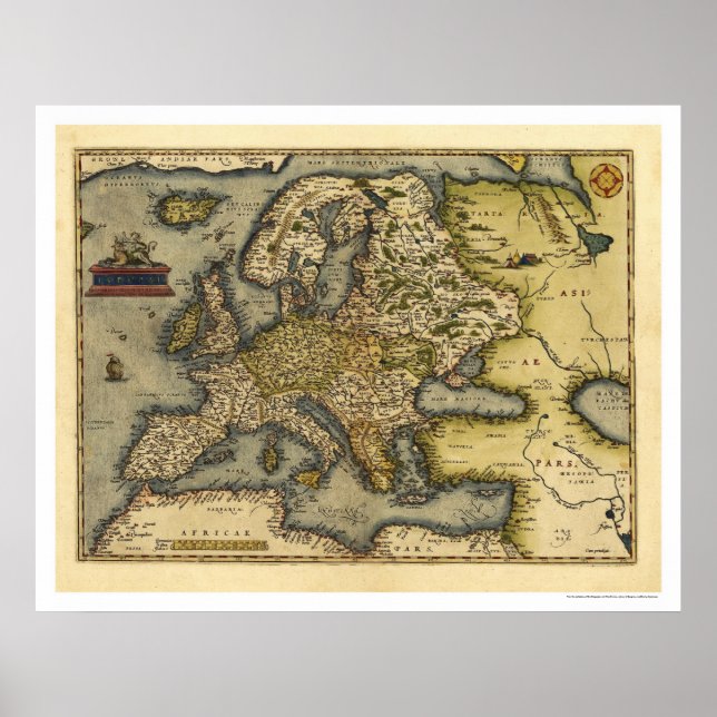 Póster Mapa Europeu Por Ortelius 1570 (Frente)