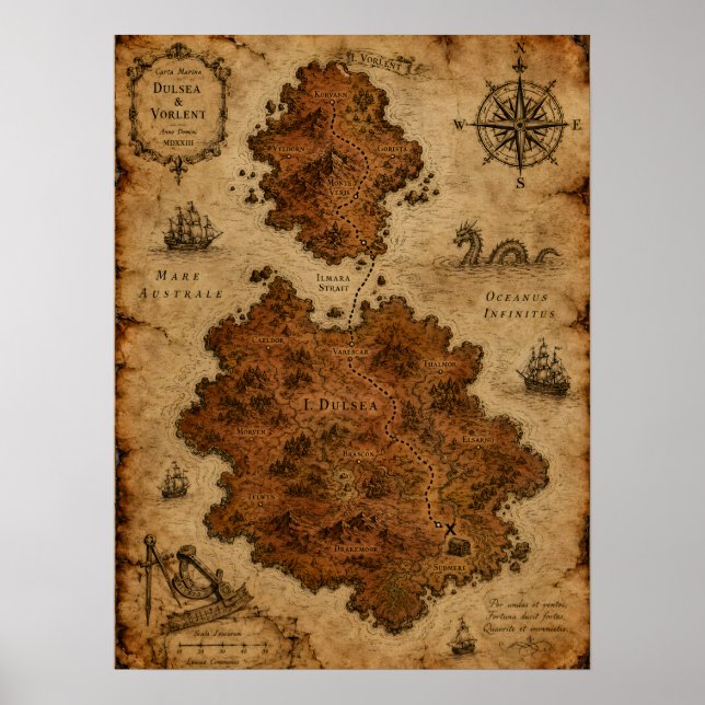 Poster Mapa Fantástico Antigo — Ilhas Dulsea e Vorlent (Frente)
