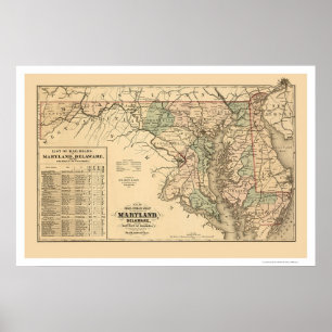 Poster Mapa Ferroviário de Maryland e Delaware 1876