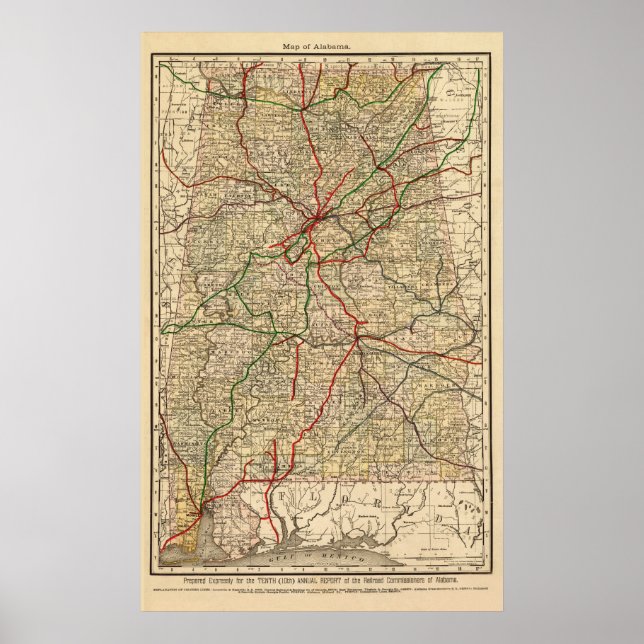Poster Mapa ferroviário do Alabama (1888) (Frente)