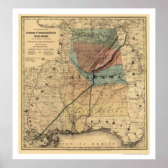 Póster Mapa Ferroviário do Alabama e Tennessee 1867 (Frente)