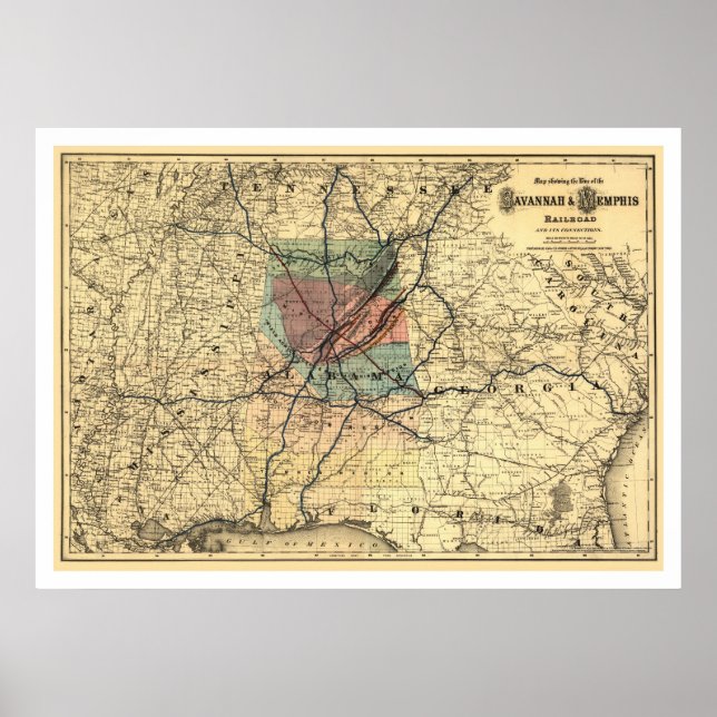 Poster Mapa Ferroviário Savannah & Memphis 1872 (Frente)