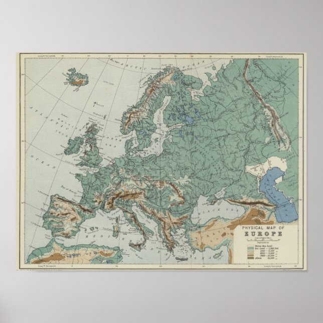 Poster Mapa físico da Europa (Frente)