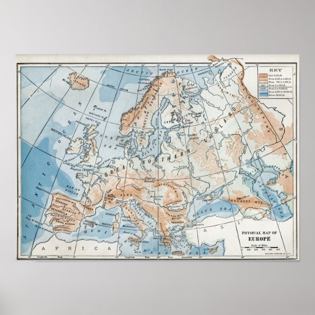 Poster Mapa físico da Europa (1916) (Frente)