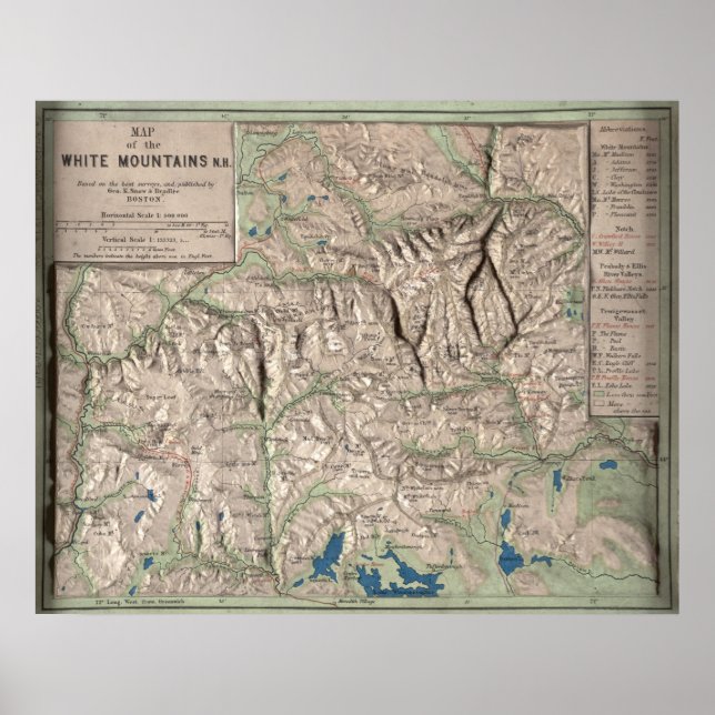 Poster Mapa físico das Montanhas Brancas Vintage (1872) (Frente)