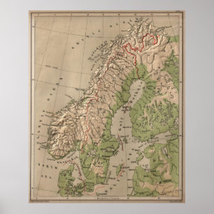 Poster Mapa Físico de Vintage da Noruega e Suecias (1880)