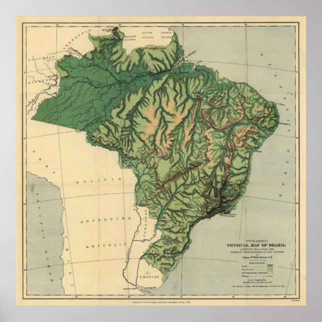 Poster Mapa Físico de Vintage do Brasil (1886) (Frente)