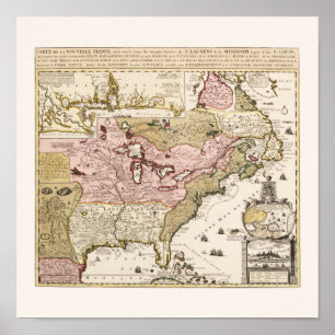 Póster Mapa francês medieval América de Quebeque/France