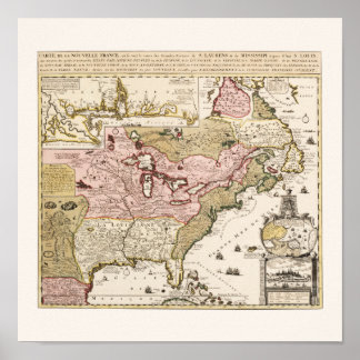 Póster Mapa francês medieval de Quebec/Nova França Améric