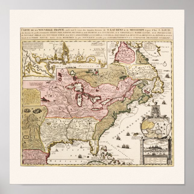 Póster Mapa francês medieval de Quebec/Nova França Améric (Frente)