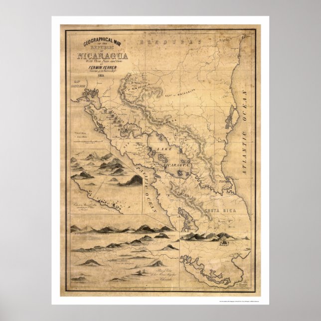Poster Mapa Geográfico da Nicarágua 1855 (Frente)