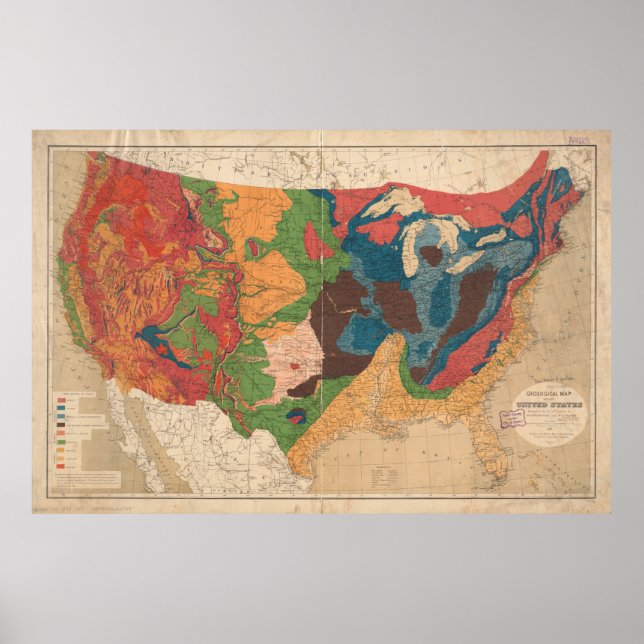 Póster Mapa Geológico de Vintage nos Estados Unidos (1872 (Frente)