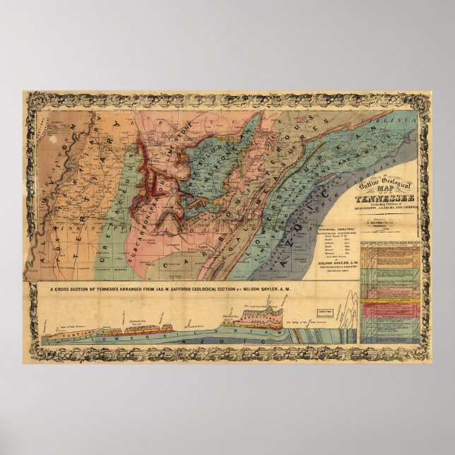 Poster Mapa Geológico do Tennessee (1866) (Frente)