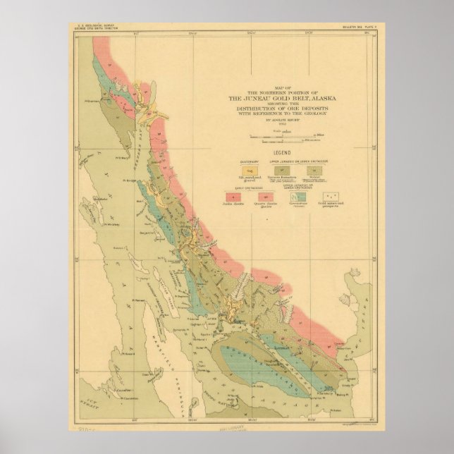 Poster Mapa Geológico Vintage de Juneau Alaska (1912) (Frente)