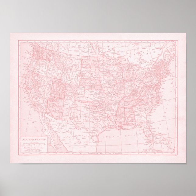 Póster Mapa Girly Pink dos Estados Unidos da América (Frente)