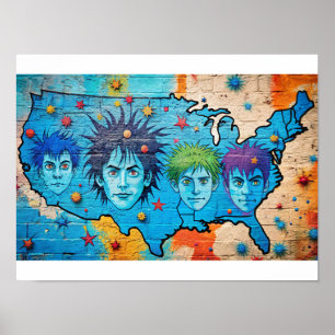Poster Mapa Grafitti Watercolor USA
