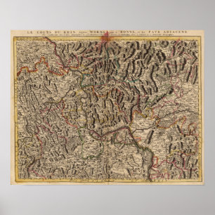 Póster Mapa gravado do vale de Rhine River