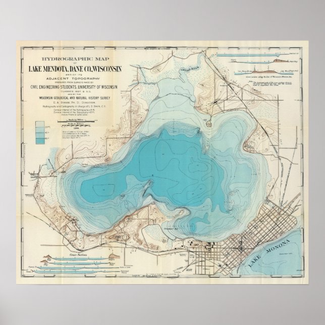Póster Mapa hidrográfico Lago Mendota (Frente)