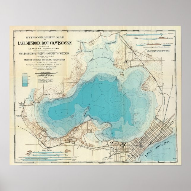 Poster Mapa Hidrográfico Vintage Lago Mendota (Frente)