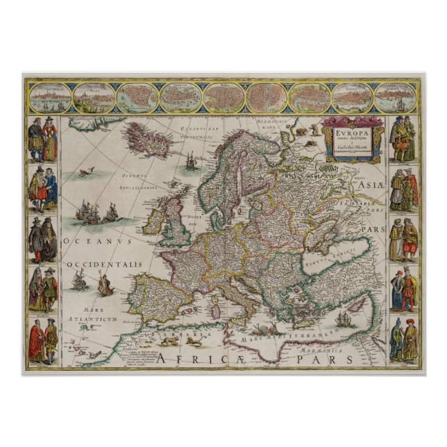 Póster Mapa histórico da Europa (por Willem Blaeu) (Frente)