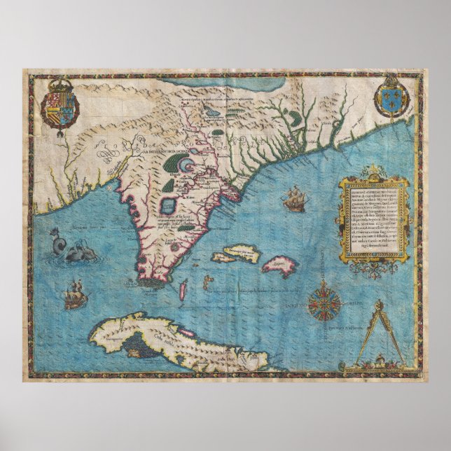 Póster Mapa histórico da Flórida (1591) (Frente)