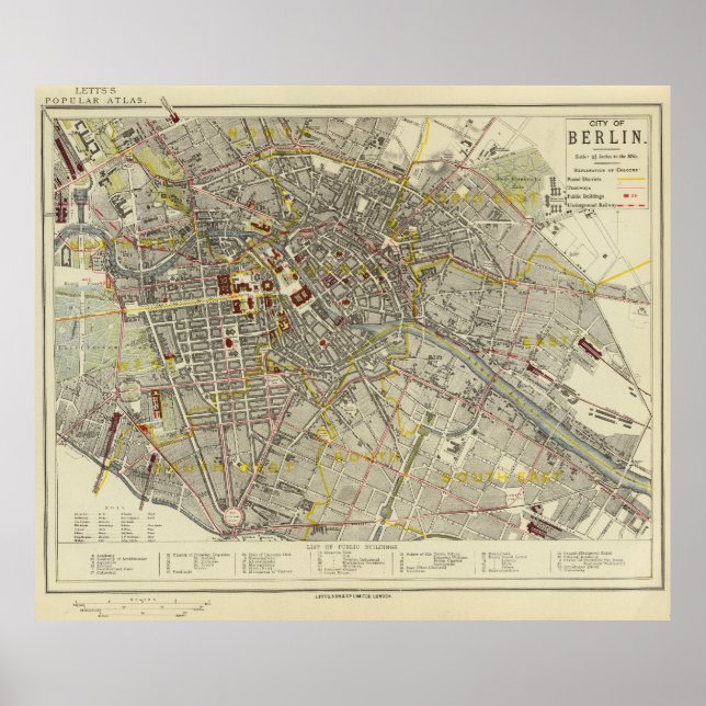 Poster Mapa Histórico de Berlim 1883 – Letts Popular Atla (Frente)