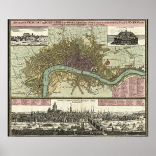 Poster Mapa histórico de Londres, Inglaterra (1740)
