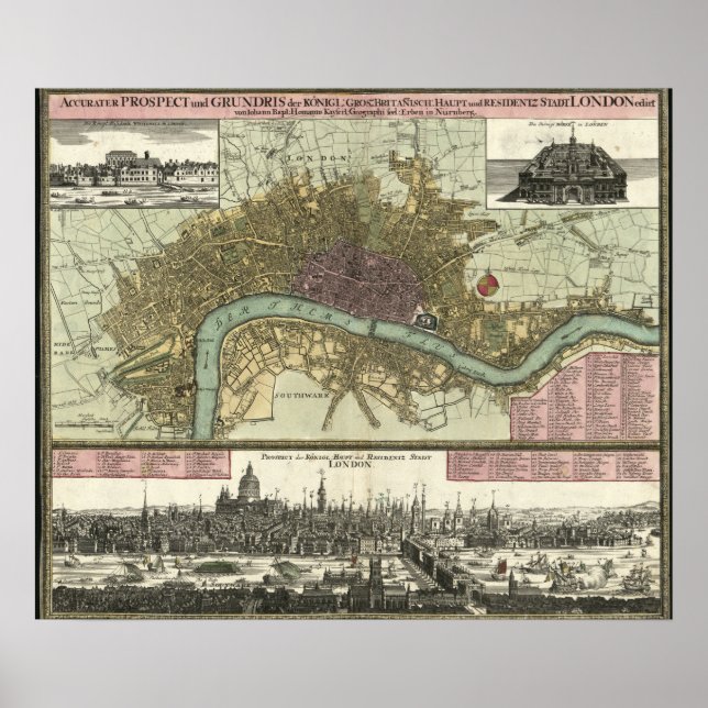 Poster Mapa histórico de Londres, Inglaterra (1740) (Frente)
