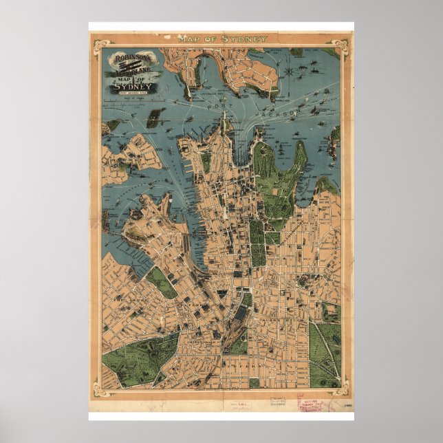 Póster Mapa histórico de Sydney Austrália 1922 (Frente)