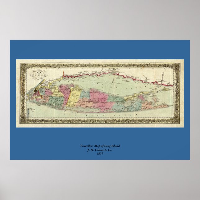 Póster Mapa histórico de viajantes de Long Island entre 1 (Frente)