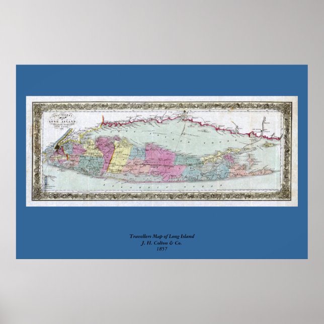 Póster Mapa histórico de viajantes de Long Island entre 1 (Frente)