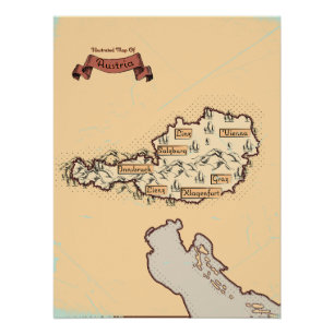 Póster Mapa Ilustrado da Áustria Vintage