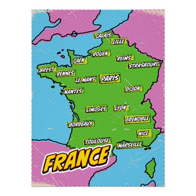 Póster Mapa ilustrado da França em Pop Art (Frente)