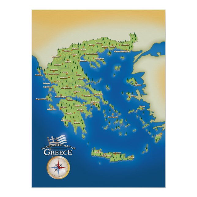 Póster Mapa Ilustrado da Grécia. (Frente)