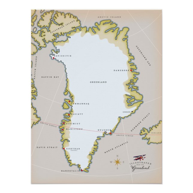 Póster Mapa ilustrado da Groenlândia (Frente)