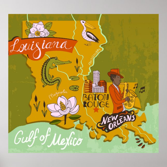 Poster Mapa ilustrado da Louisiana: destaques de viagem. (Frente)