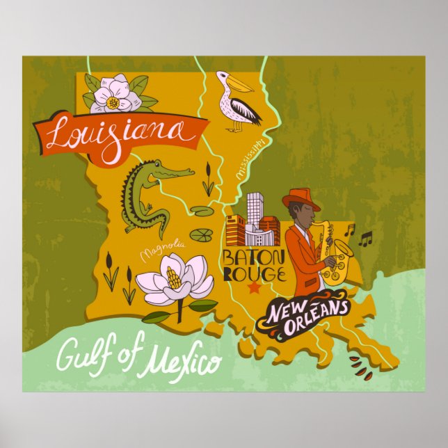 Poster Mapa ilustrado da Louisiana, EUA. Viagem e attr (Frente)
