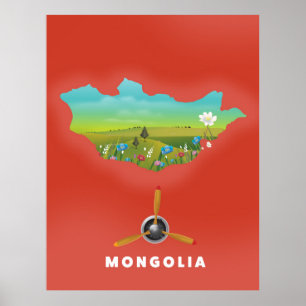 Poster Mapa ilustrado da Mongólia, pôster de turismo.