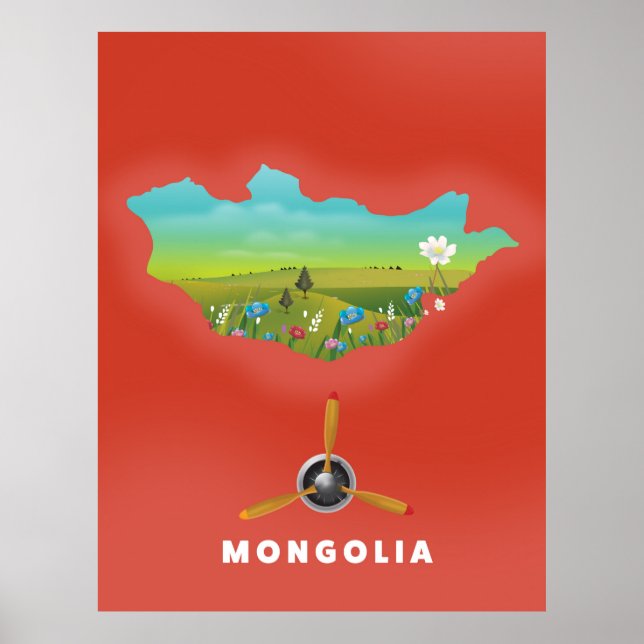 Poster Mapa ilustrado da Mongólia, pôster de turismo. (Frente)