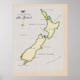 Poster Mapa ilustrado da Nova Zelândia