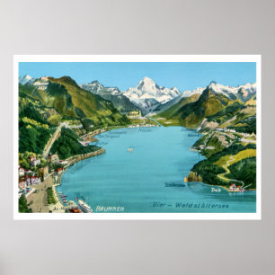 Poster Mapa ilustrado da Vintage no lago Lucerne