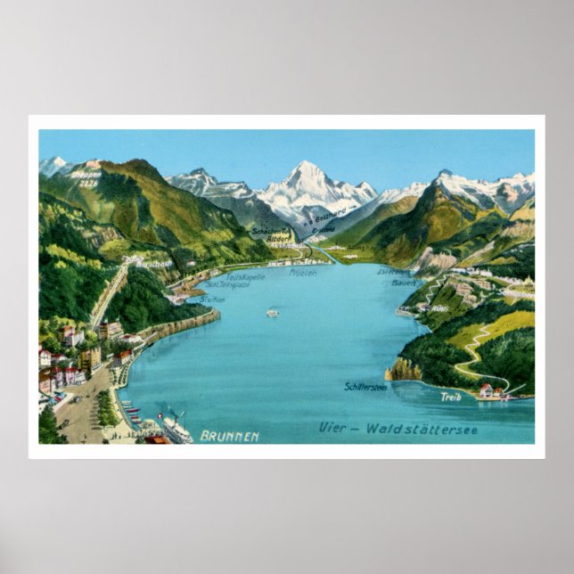 Poster Mapa ilustrado da Vintage no lago Lucerne (Frente)