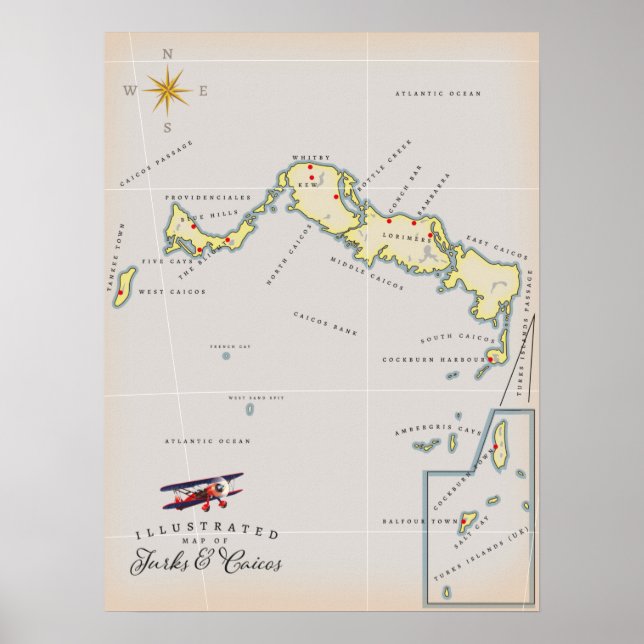 Poster Mapa ilustrado das Ilhas Turcas e Caicos (Frente)
