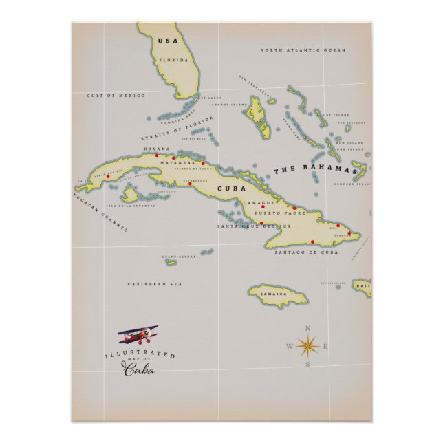 Póster Mapa ilustrado de Cuba (Frente)